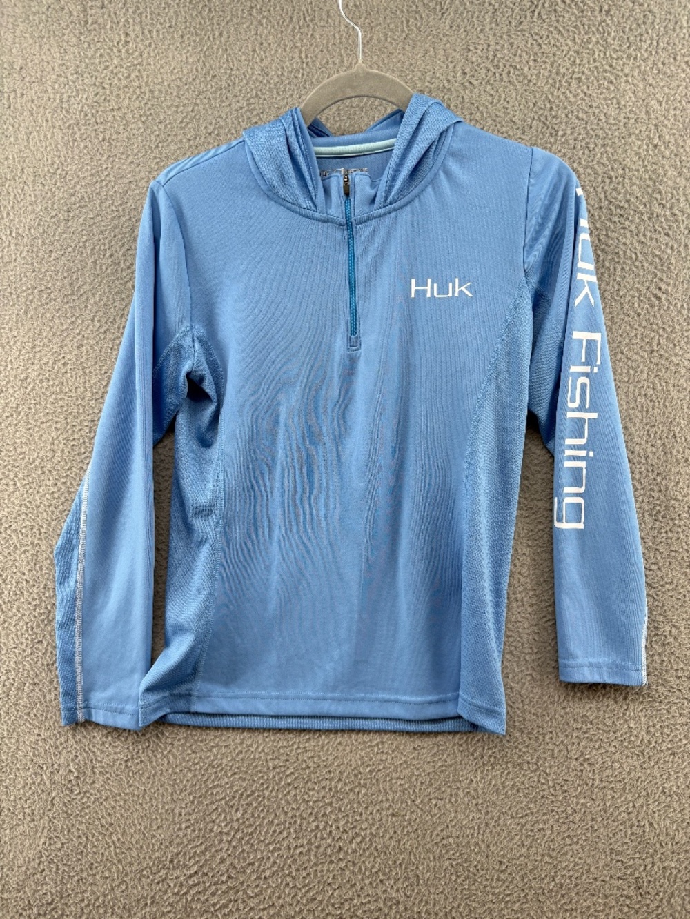 HUK Women's Icon X Hooded 1/4 Zip Fishing Pullover M Light Blue UPF